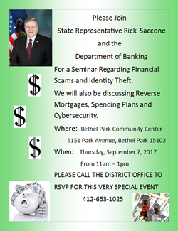 Rep. Saccone and Department of Banking to Host Seminar on Financial Scams and Identity Theft