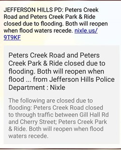 Peters Creek Park and Ride Area closed due to flooding
